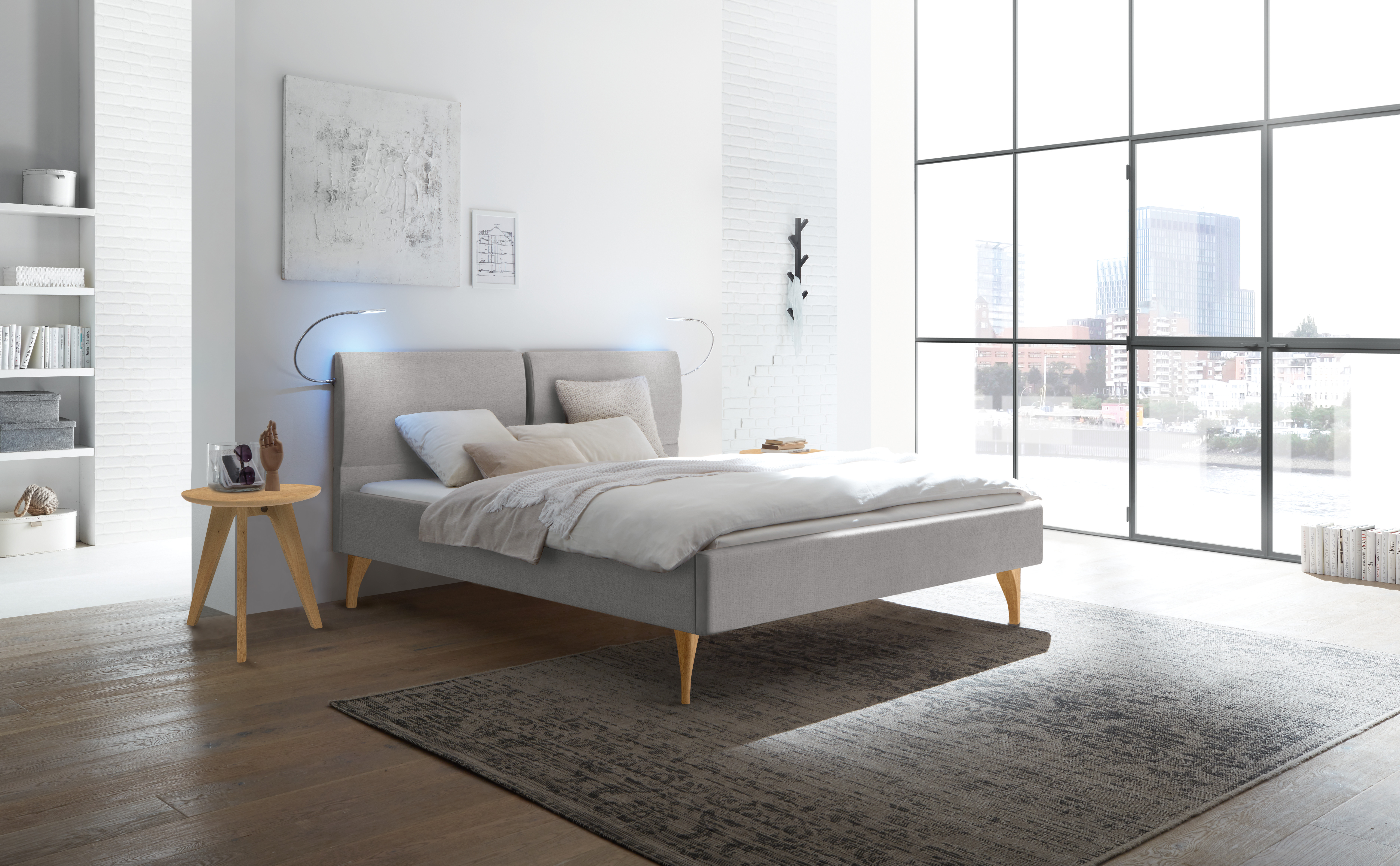 Polsterbett Tamara Stoff grau Eiche Polsterbett Tamara Stoff grau Eiche