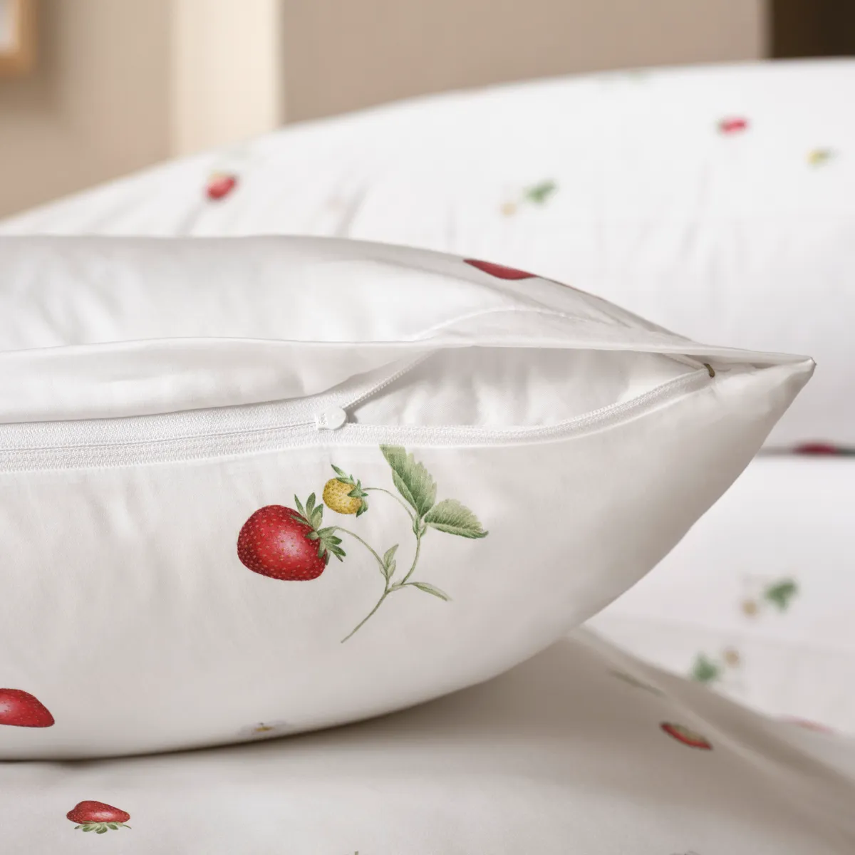 Bettwäsche June – Verspielte Erdbeeren auf reinem Weiss