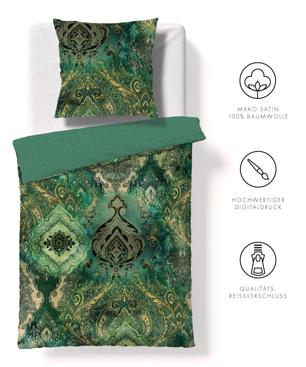 Mako Satin-Bettwäsche Bed Art S grün Paisley