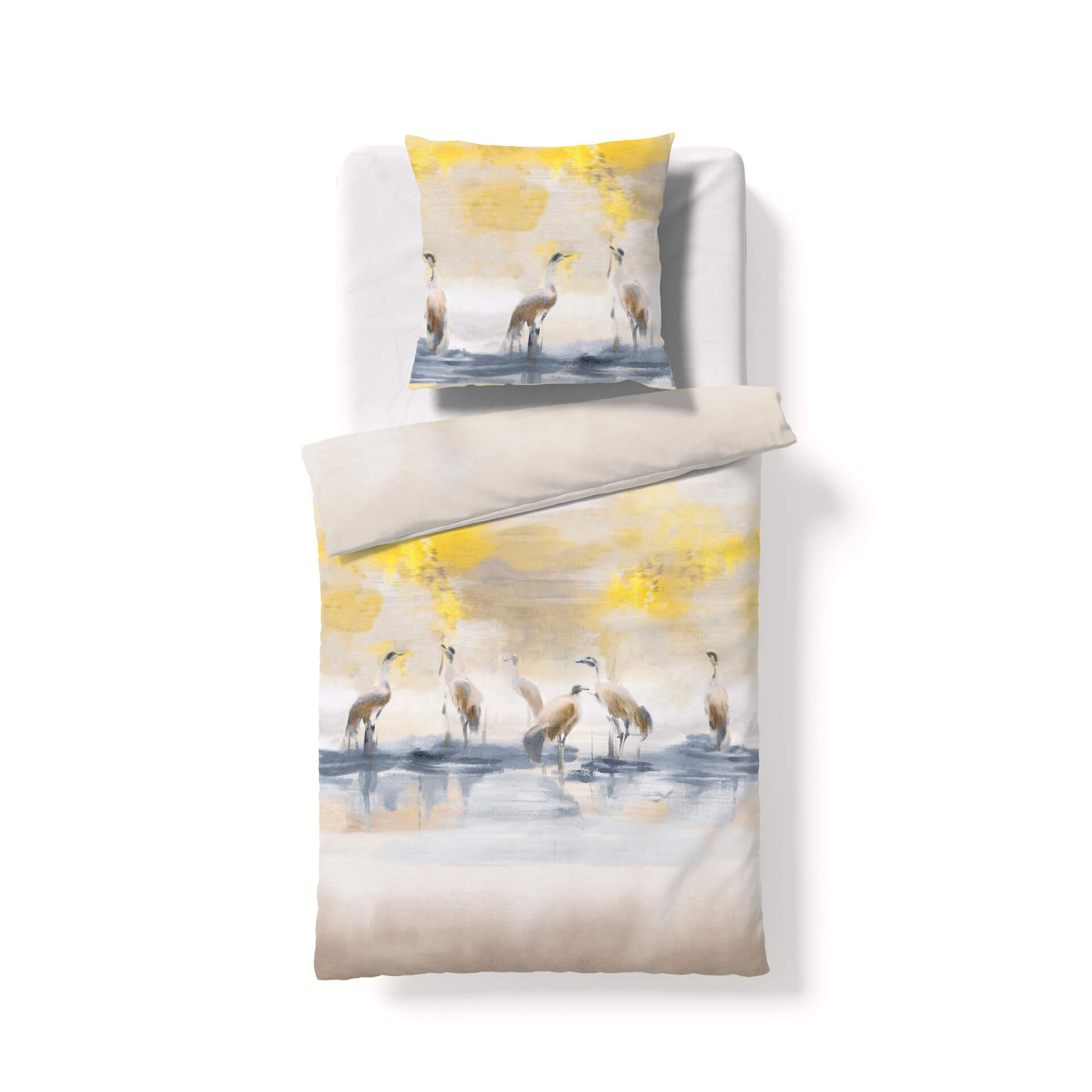 Bed Art S Mako-Satin Bettwäsche – Kranich gelb-grau