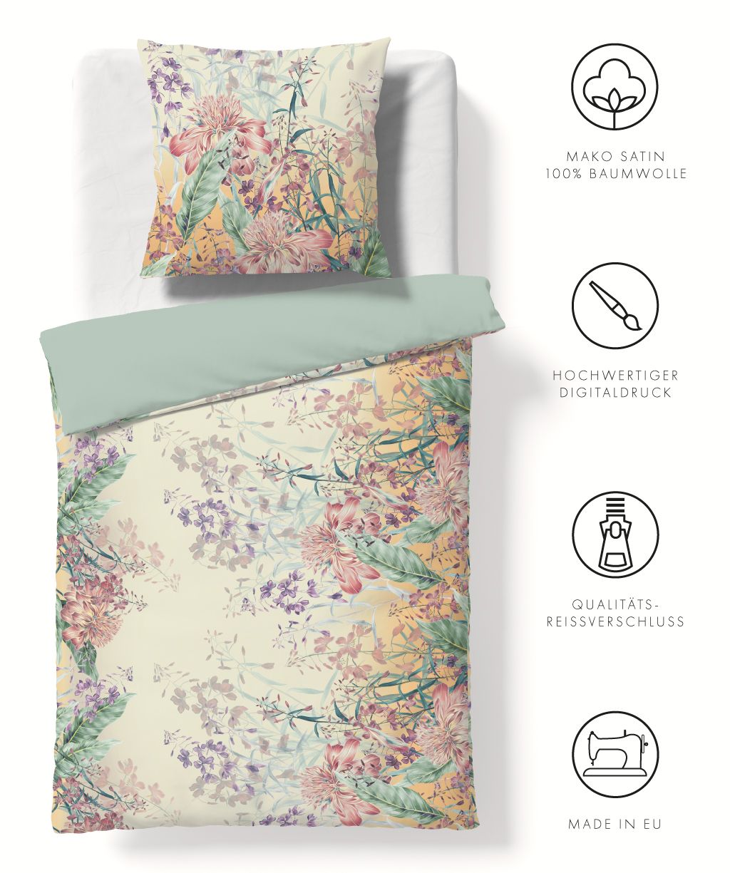 Mako Satin Wende-Bettwäsche Bed Art S Blumen
