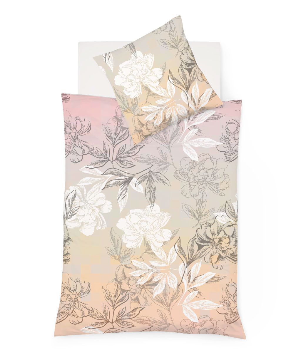 Bettwäsche in Pastellfarben mit grossen Blüten und Blättern