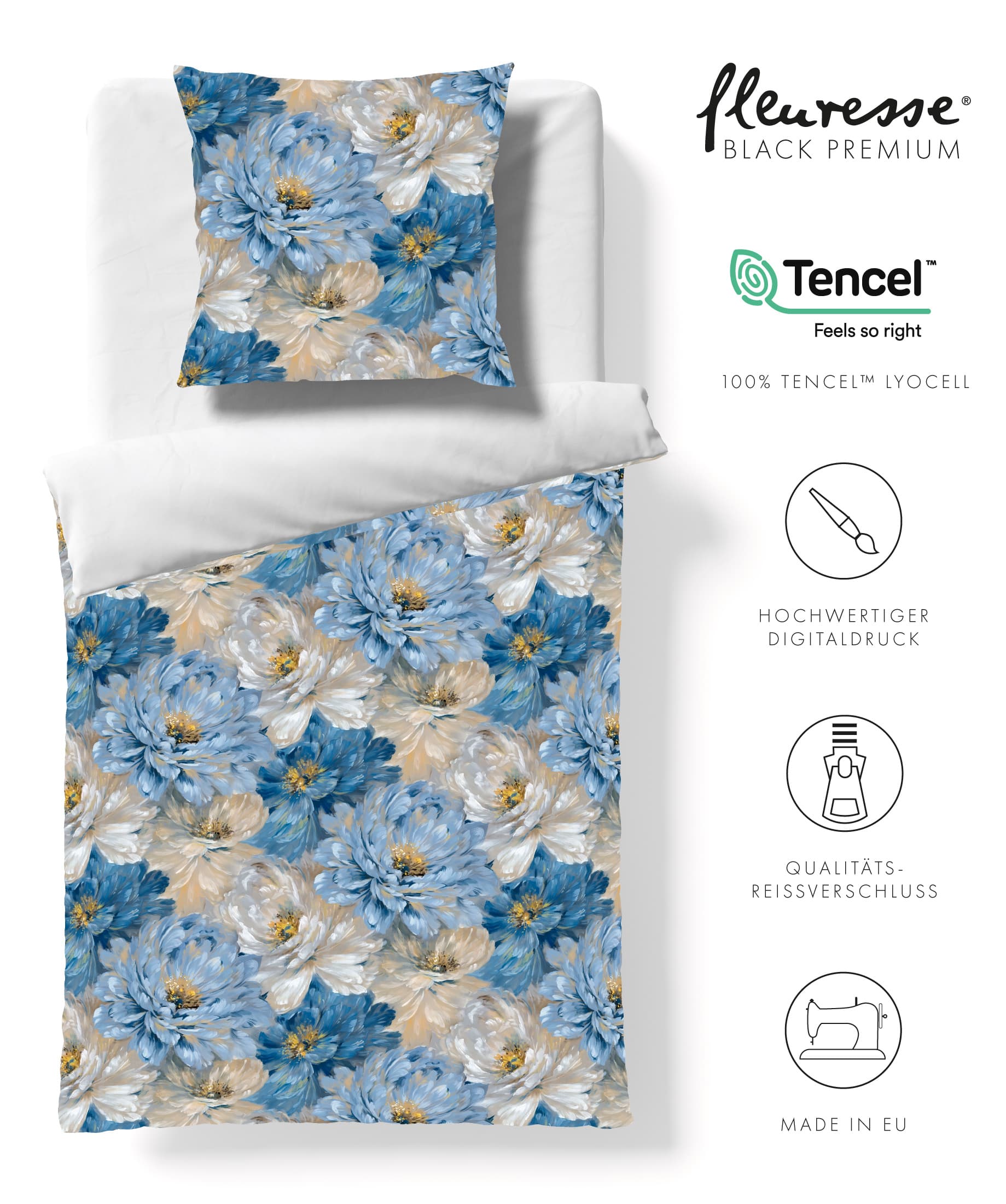Premium Tencel Satin Bettwäsche blau floral