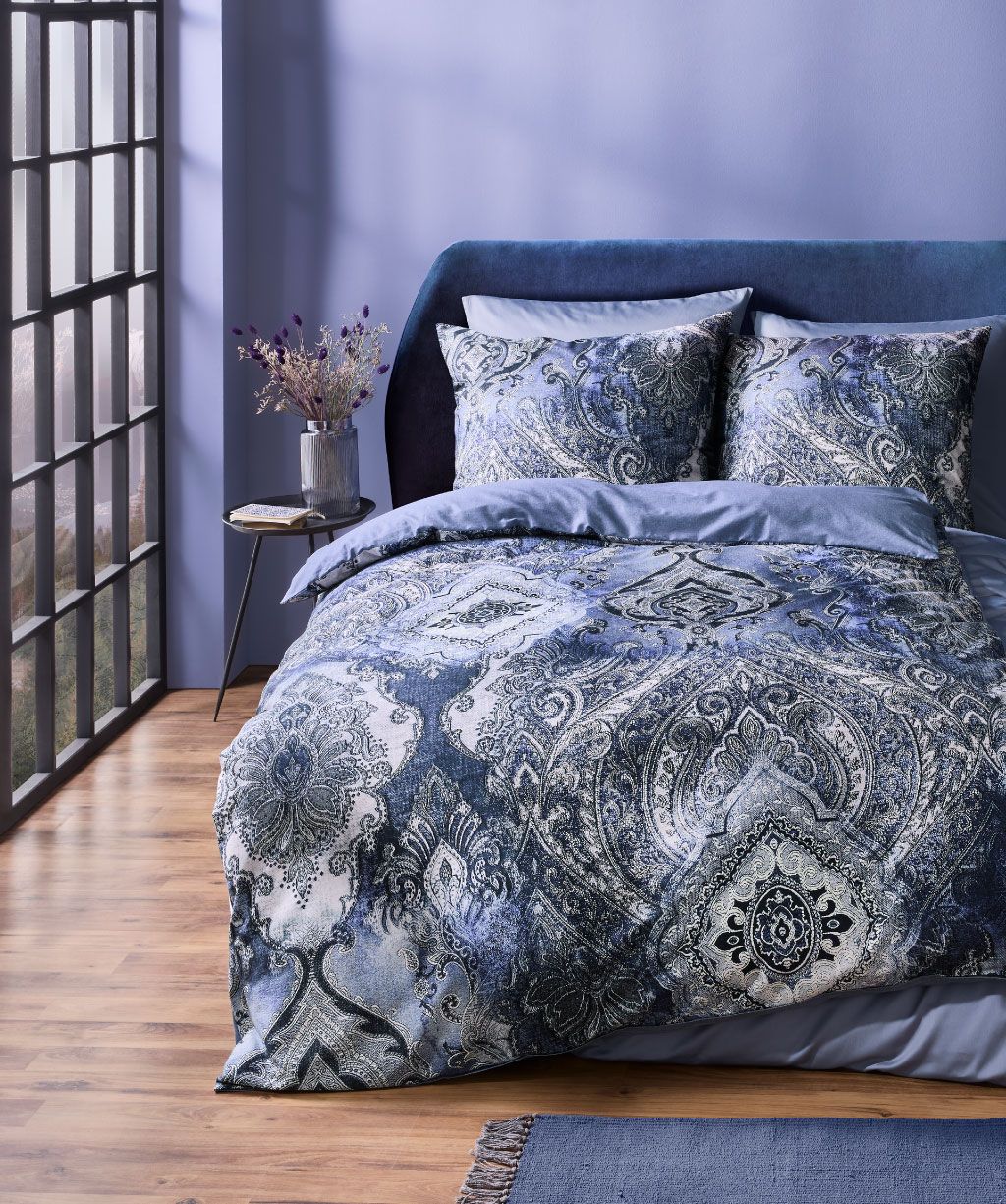 Mako Satin-Bettwäsche Bed Art S blau Paisley
