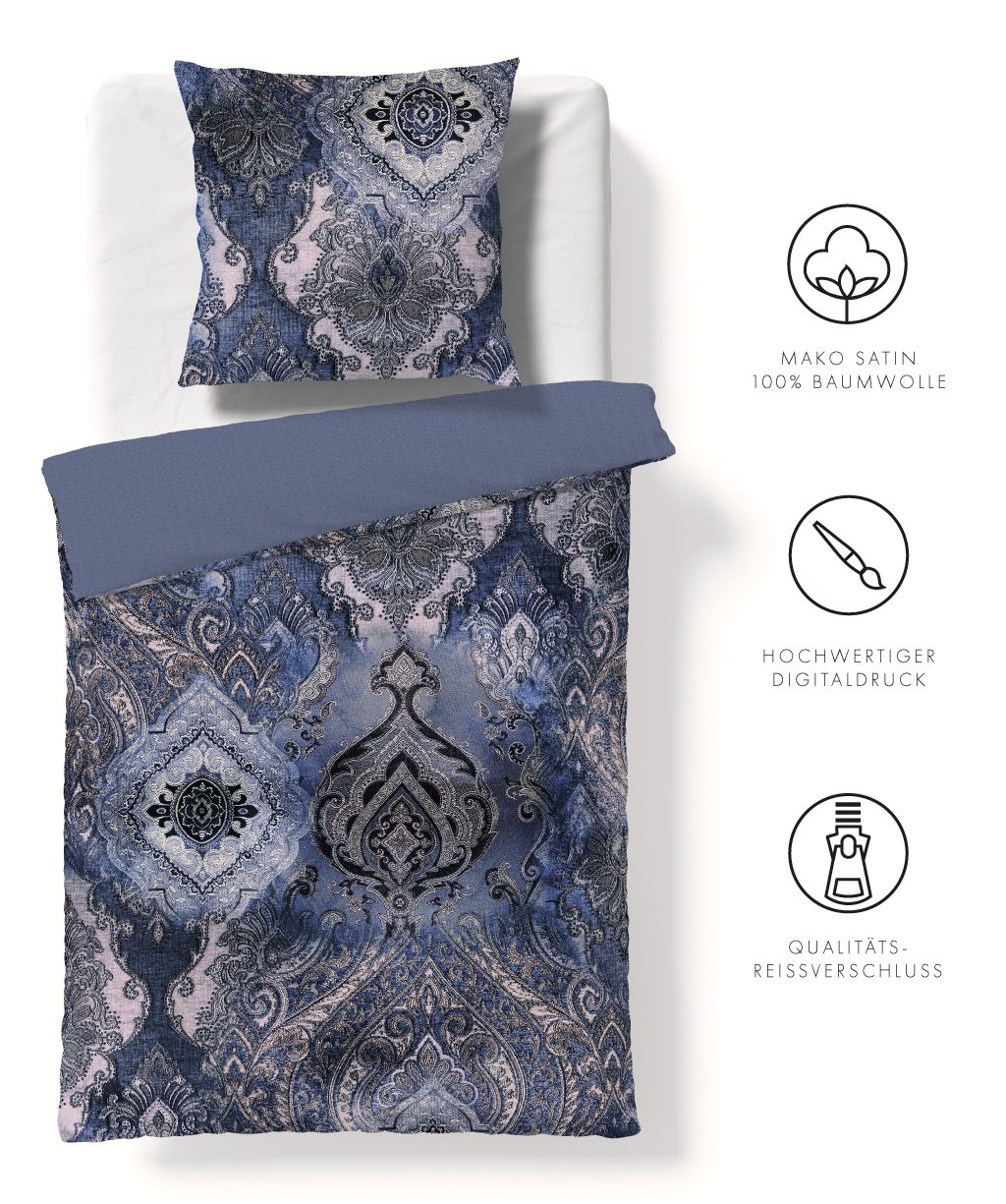 Mako Satin-Bettwäsche Bed Art S blau Paisley