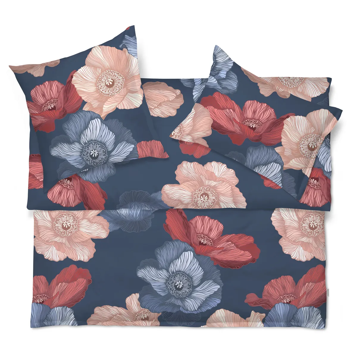 Bettwäsche Mona – Ausdrucksstarke Blüten auf tiefem Blau