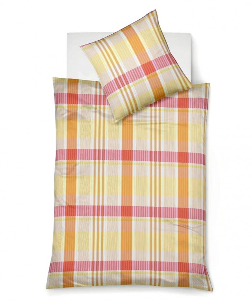 Seersucker-Bettwäsche mit Karo und Streifen in orange-gelb