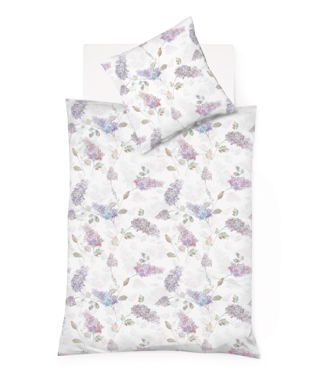 Mako-Batist-Bettwasche-mit-blatter-und-Hortensienzweige-auf-weissem-Hintergrund-4271 Wendebettwäsche Saint Tropez 4271