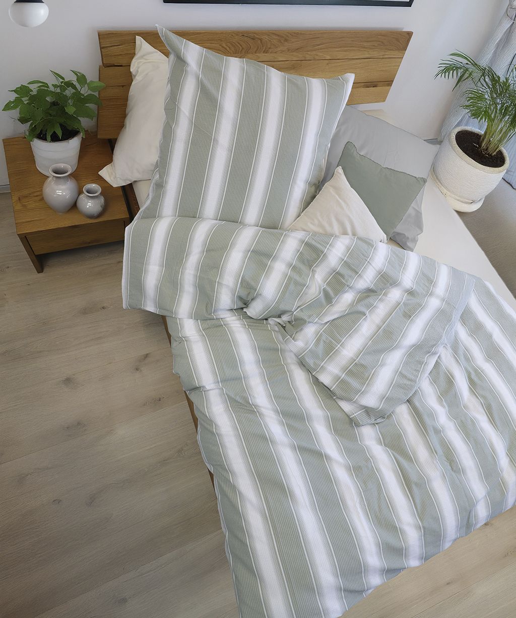 Seersucker-Bettwäsche Rio Streifen hellgrün Seersucker-Bettwäsche Rio Streifen hellgrün