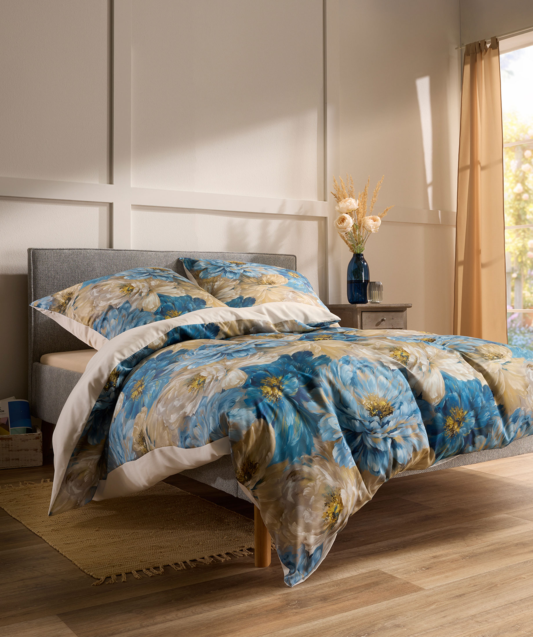 Premium Tencel Satin Bettwäsche blau floral