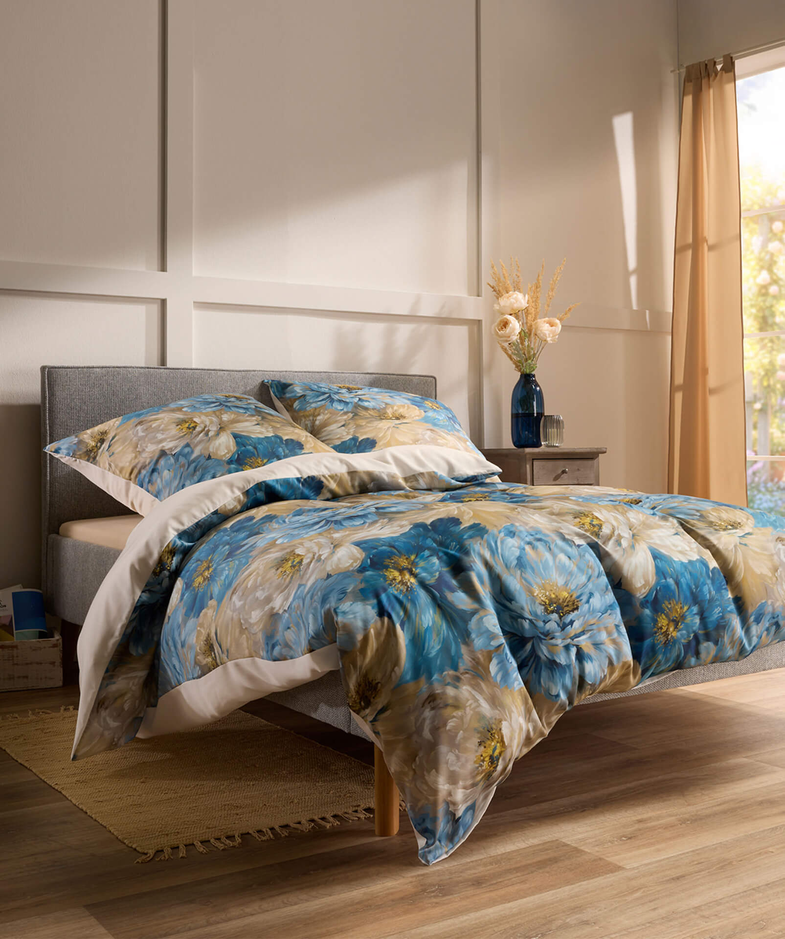 Premium Tencel Satin Bettwäsche blau floral