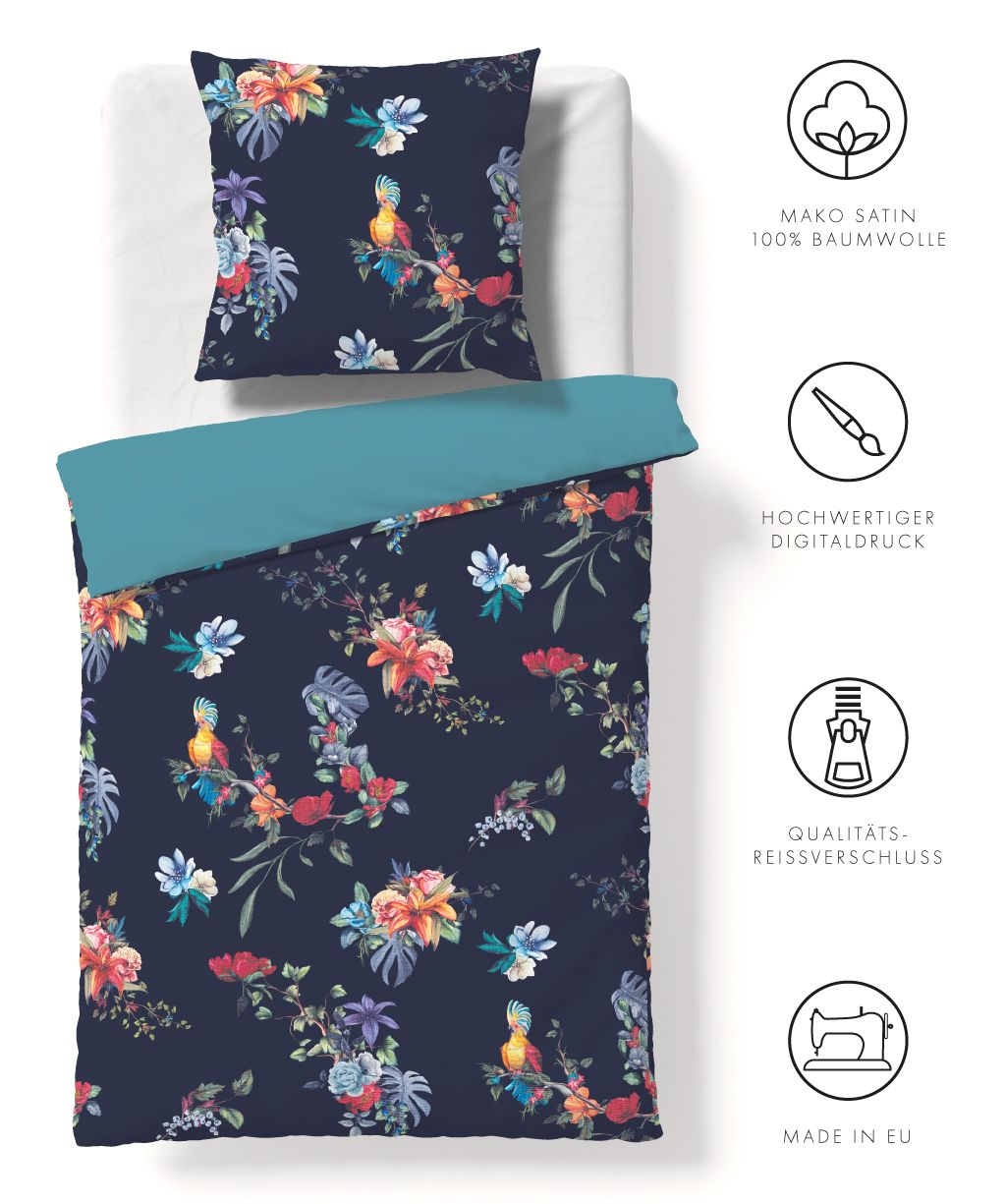 Mako Satin Wende-Bettwäsche Bed Art S Papagei